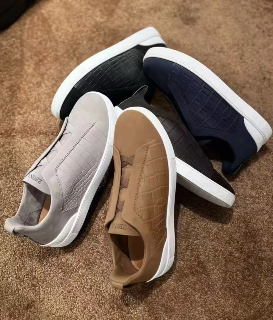Ermenegildo Zegna Men's Fashion Classic Round Toe Slip On Flat Low Top Crocodile Leather Suede Patchwork Luxury Business Casual Shoes #79375