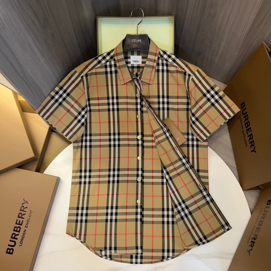 Burberry Men's Summer Checkered Print Single-Breasted Collar Short-Sleeved Shirt #77686