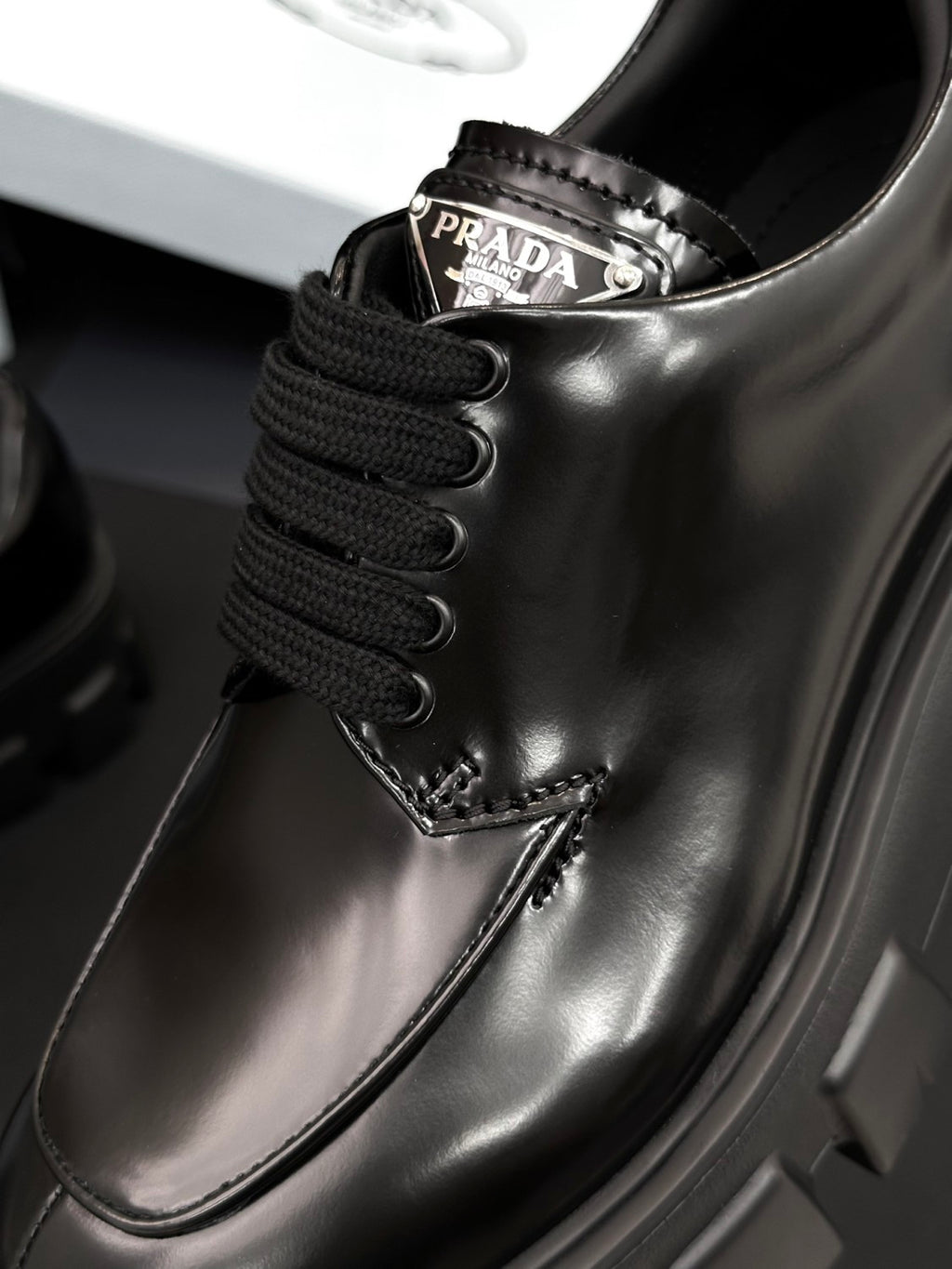 Prada Women's Spring/Fall Fashion Classic Round Toe Lace Up Slip On Triangle Logo Emblem Leather Chunky Sole Loafers Shoes #78529