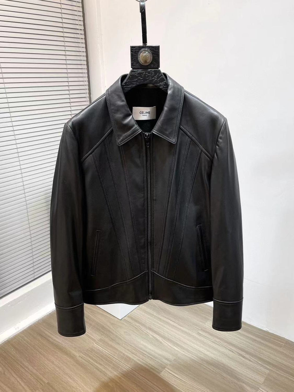 Celine Men's Fall And Winter Black Lapel Zipper Casual Lambskin Long Sleeve Jacket #98469