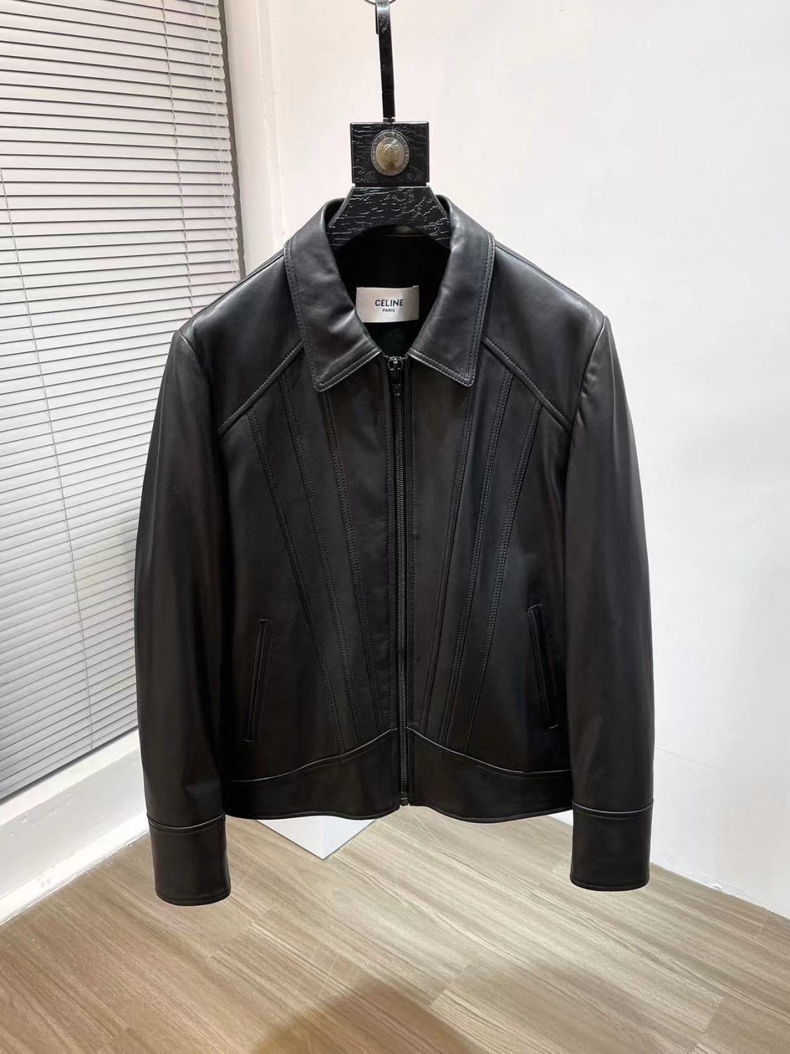 Celine Men's Fall And Winter Black Lapel Zipper Casual Lambskin Long Sleeve Jacket #98469