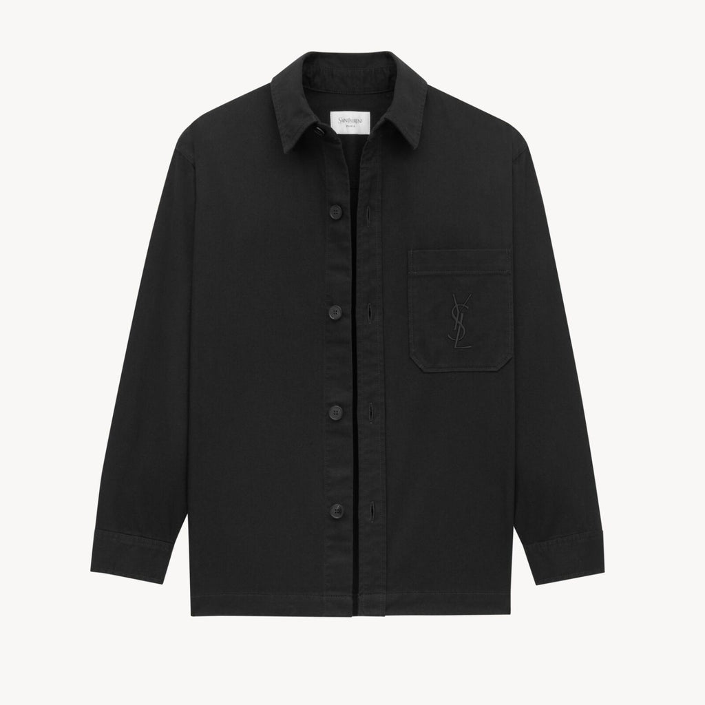 SAINT LAURENT  LE CASSANDR Men's Spring/Fall Fashion Casual Solid-Color Long-Staple Combed Cotton Collared Single-Breasted Long-Sleeve Embroidered Logo Shirt Jacket #78998