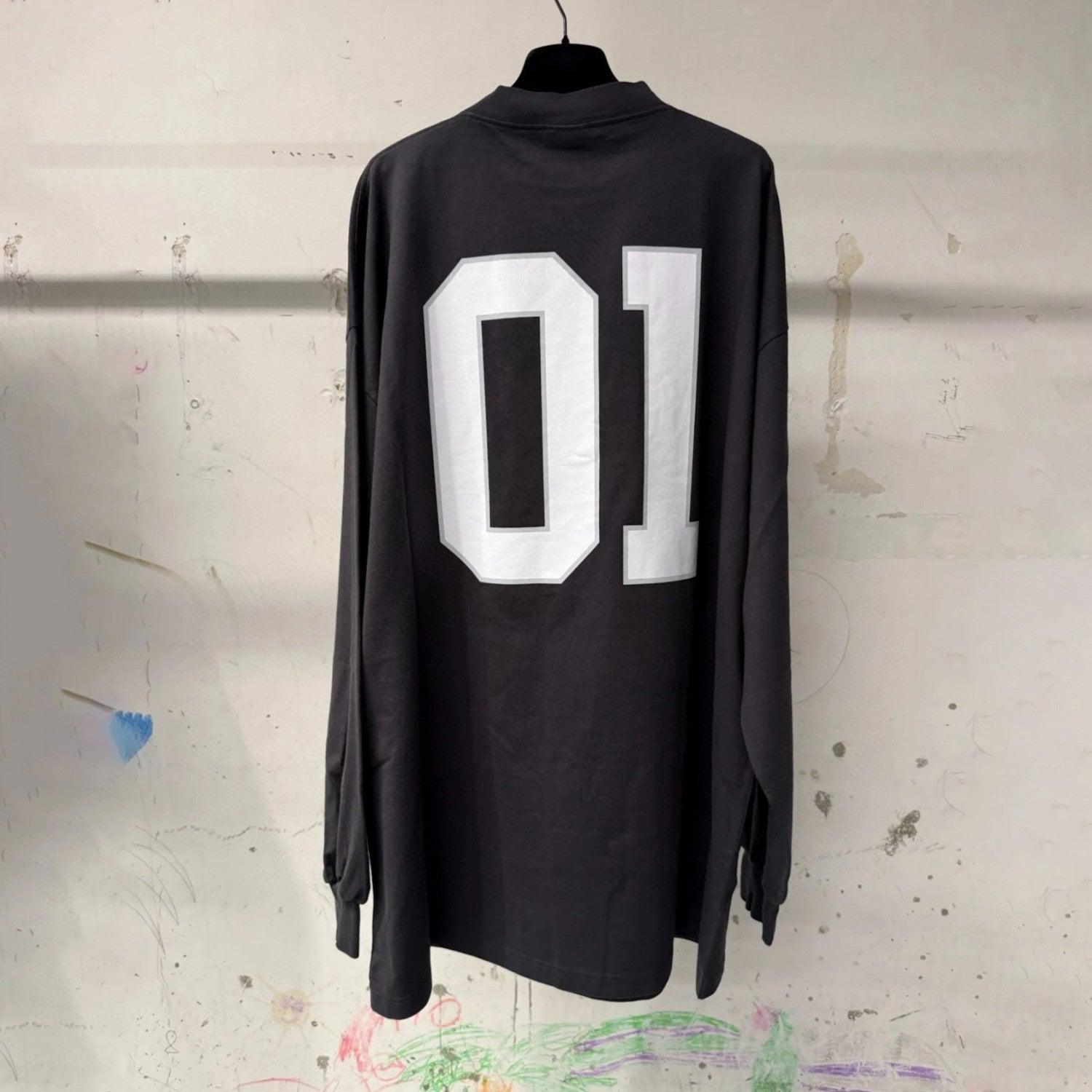 Balenciaga Basketball Series Men's Washed Black White Vintage Plain Knit Oversized Fit Long Sleeve T-shirt Vintage 01 Jersey High Street T-shirt Top Spring Summer #71858