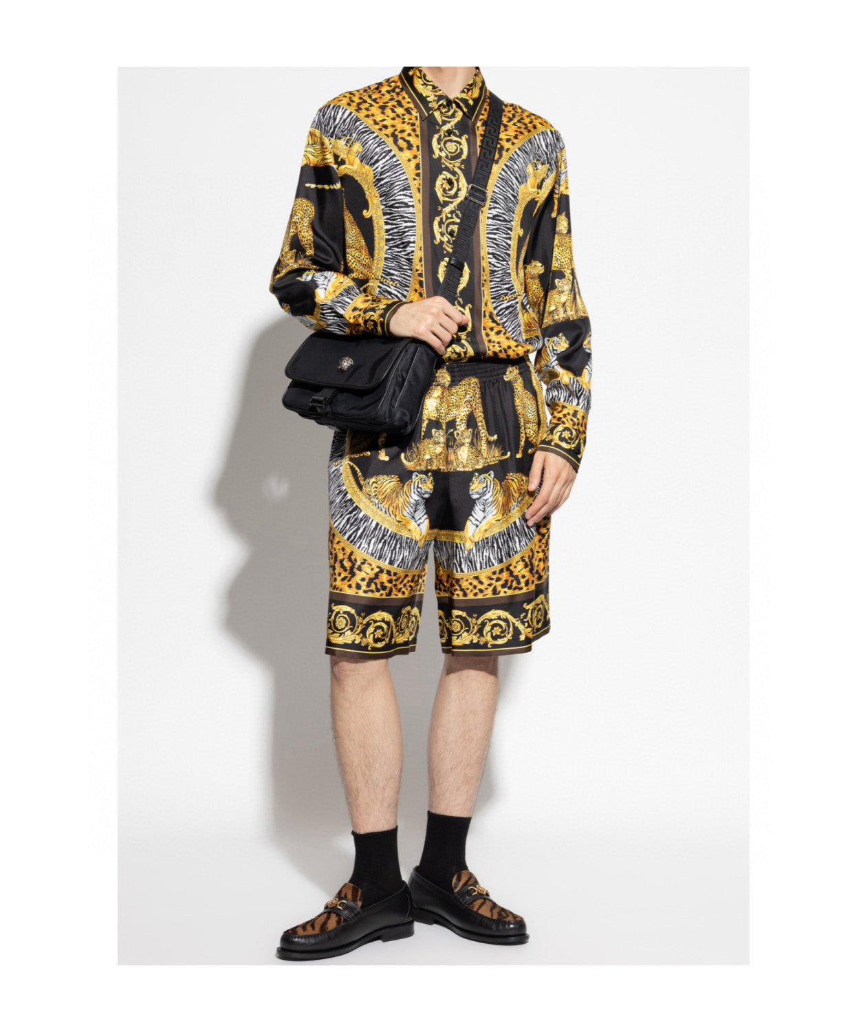 Versace Wild Cats Silk Lapel Shirt Shorts Set Men's Luxury Temperament Casual Single-breasted Shirt Elastic Waist Shorts Suit Set Ngvp #2444