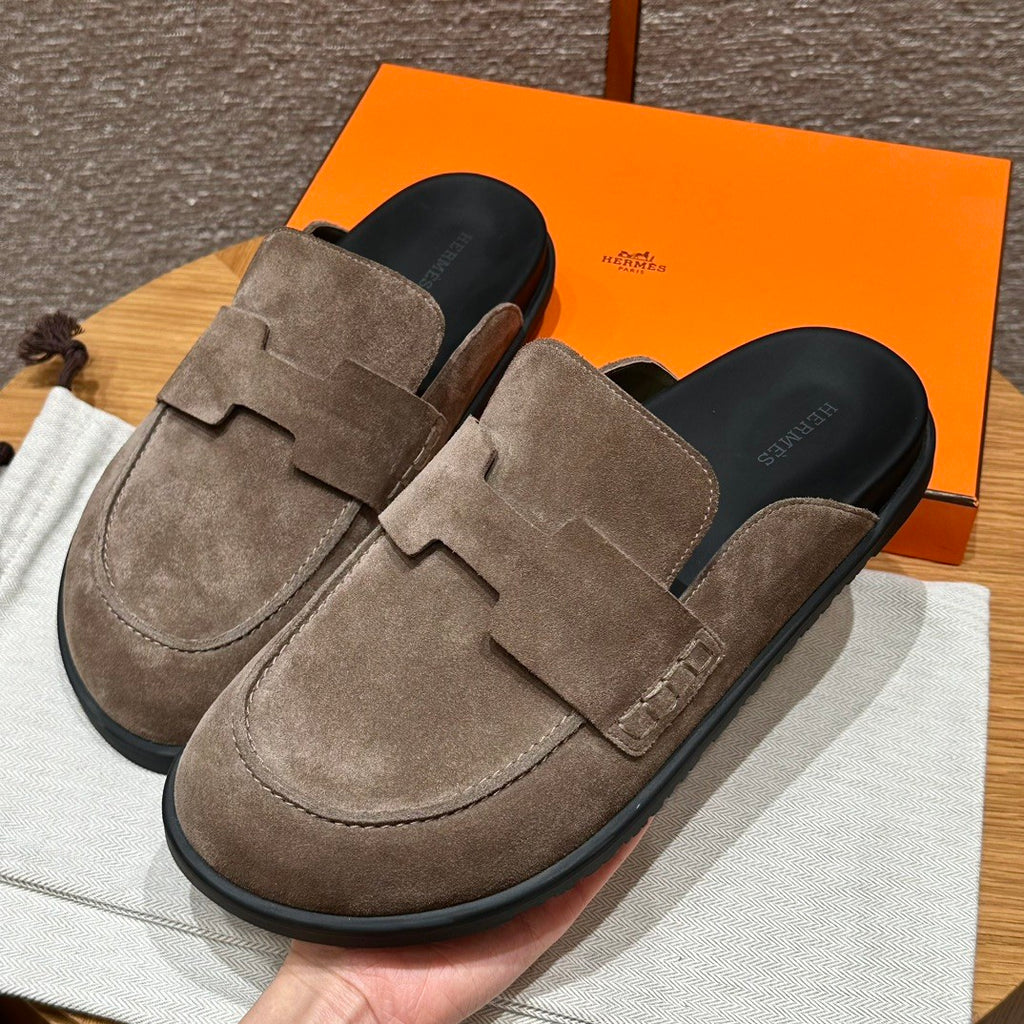 Hermes Men's Spring And Summer Solid Color Calfskin Round Head Flat Bottom Baotou Birkenstock Slippers Shoes #75495