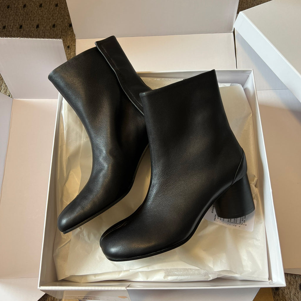 Maison Margiela Women's Fall/Winter Casual Fashion Round Toe Leather Solid Color Chunky Heel Split Toe Ankle Boots Shoes #78645