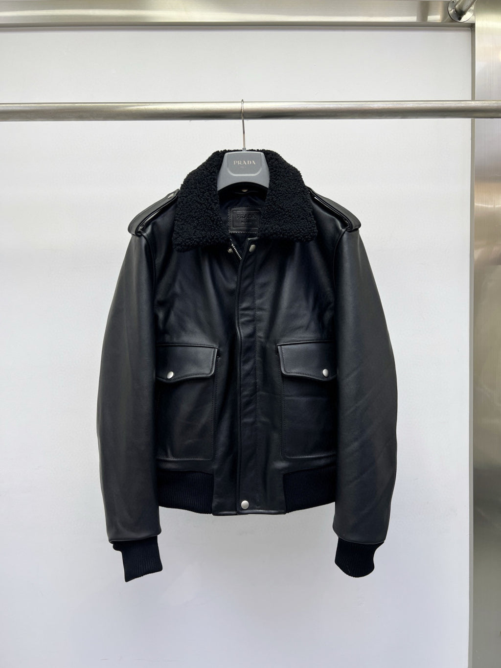 Prada Men's Autumn Winter Black Hair Collar Zip Leather Long Sleeve Jacket #99477