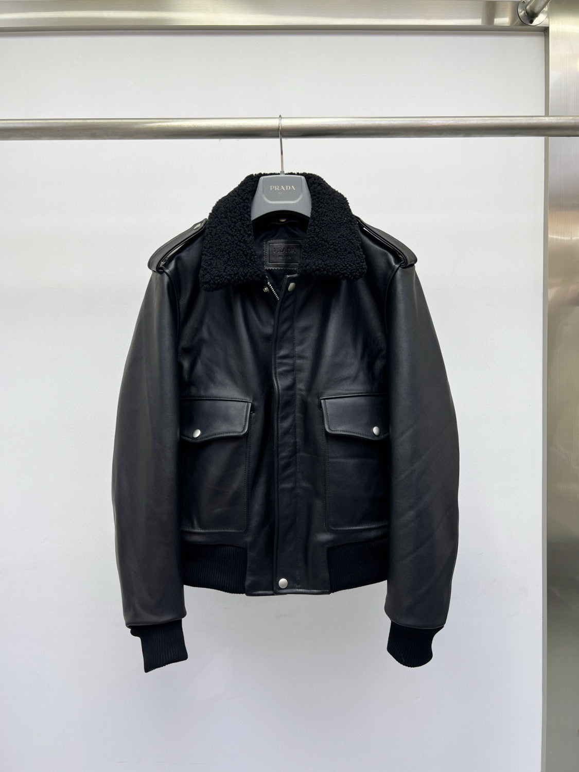 Prada Men's Autumn Winter Black Hair Collar Zip Leather Long Sleeve Jacket #99477