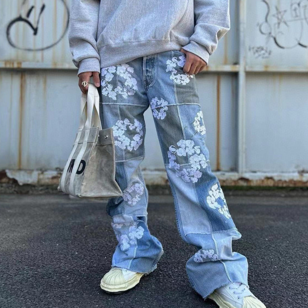 Denim Tears x Readymade Men's Women's Washed And Aged Floral Embroidery Patchwork Fitted Wide Leg Blue Denim Pants Ngvp #8138