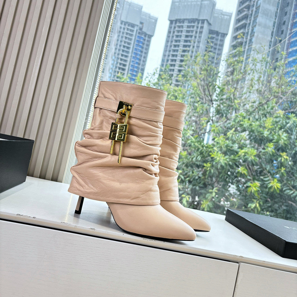 Givenchy Women's New Style Cavalier Boots Glossy Leather Boots Leather Strap Metal Buckle Asymmetric 4G LOGO Metal Padlock #333020