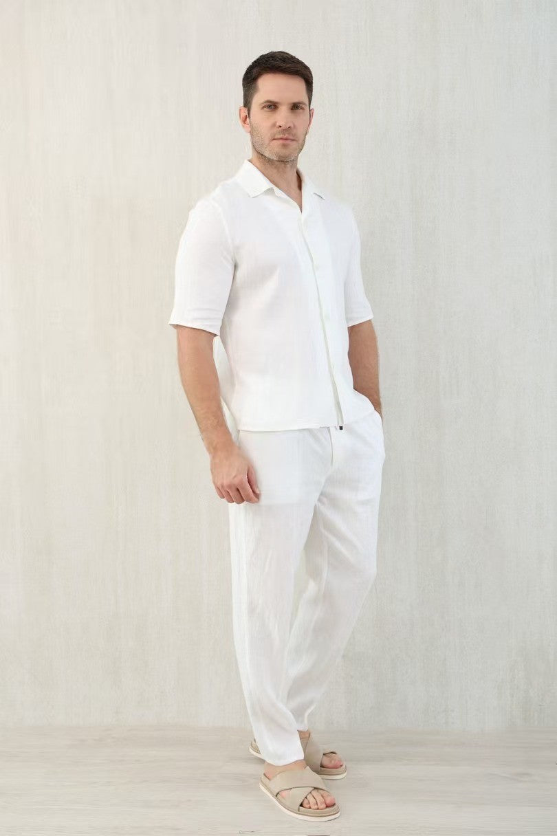Brunello Cucinelli Men's Linen Loose Summer Single-Breasted Solid Color Lapel Short Sleeve Shirt Ngvp #1454