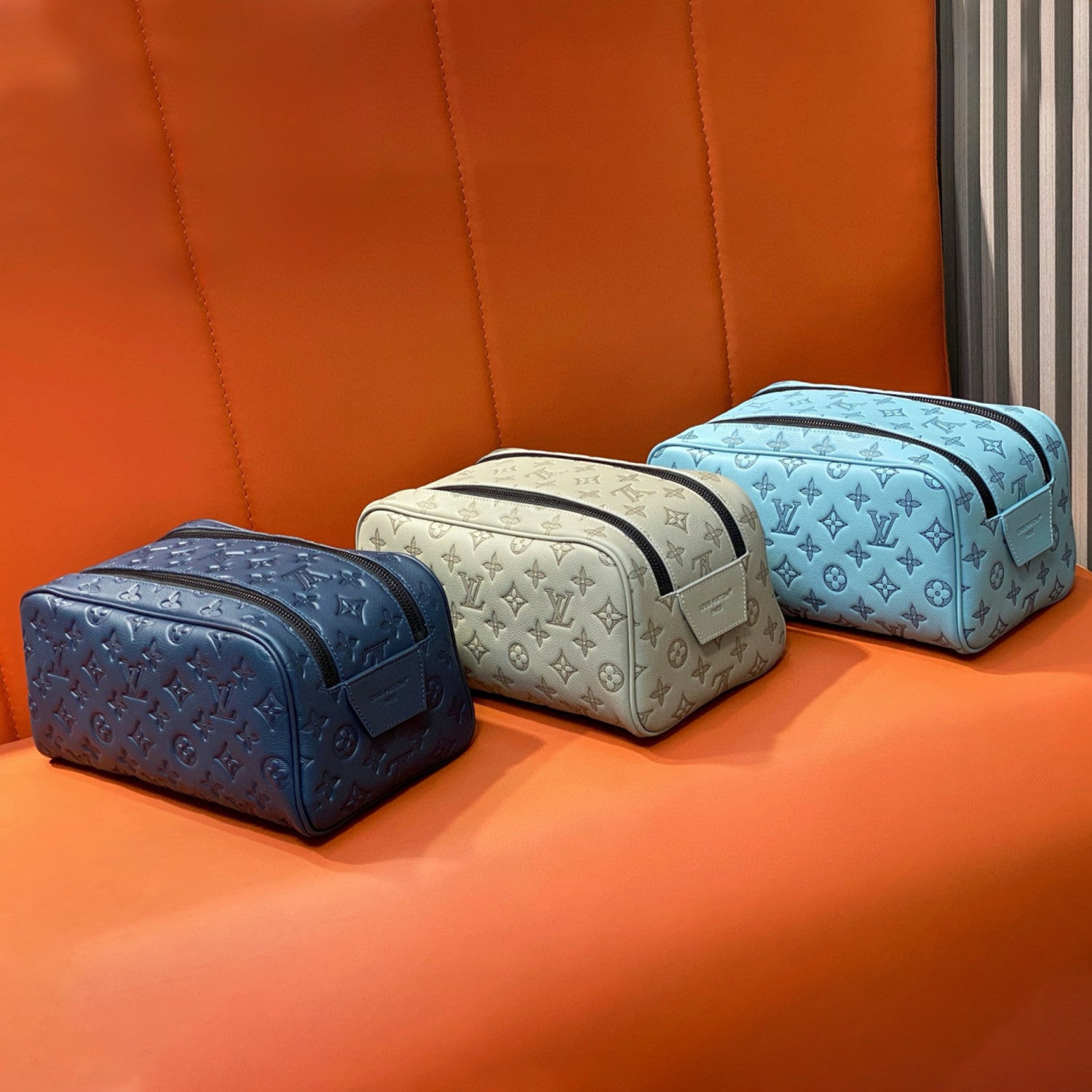 Louis Vuitton DOPP KIT Toiletry Bag Women's  Men's Fashion Trend Handbag Luxury Monogram Shadow Embossed Double Zip Wash Bags M14485 Grey M14885 Light Blue M14843 Dark Blue #81236