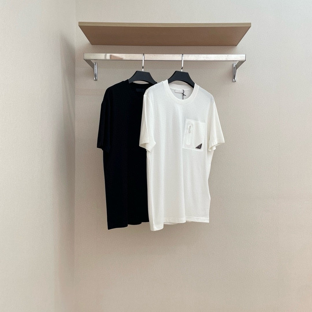 Prada Men's And Women's Summer Solid Color Zipper Pocket Round Neck Cotton Short Sleeve T-shirt #72155