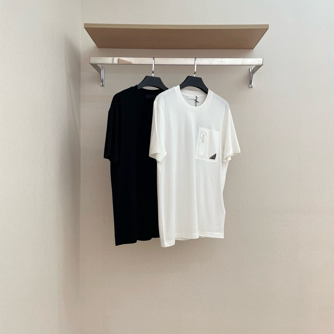 Prada Men's And Women's Summer Solid Color Zipper Pocket Round Neck Cotton Short Sleeve T-shirt #72155
