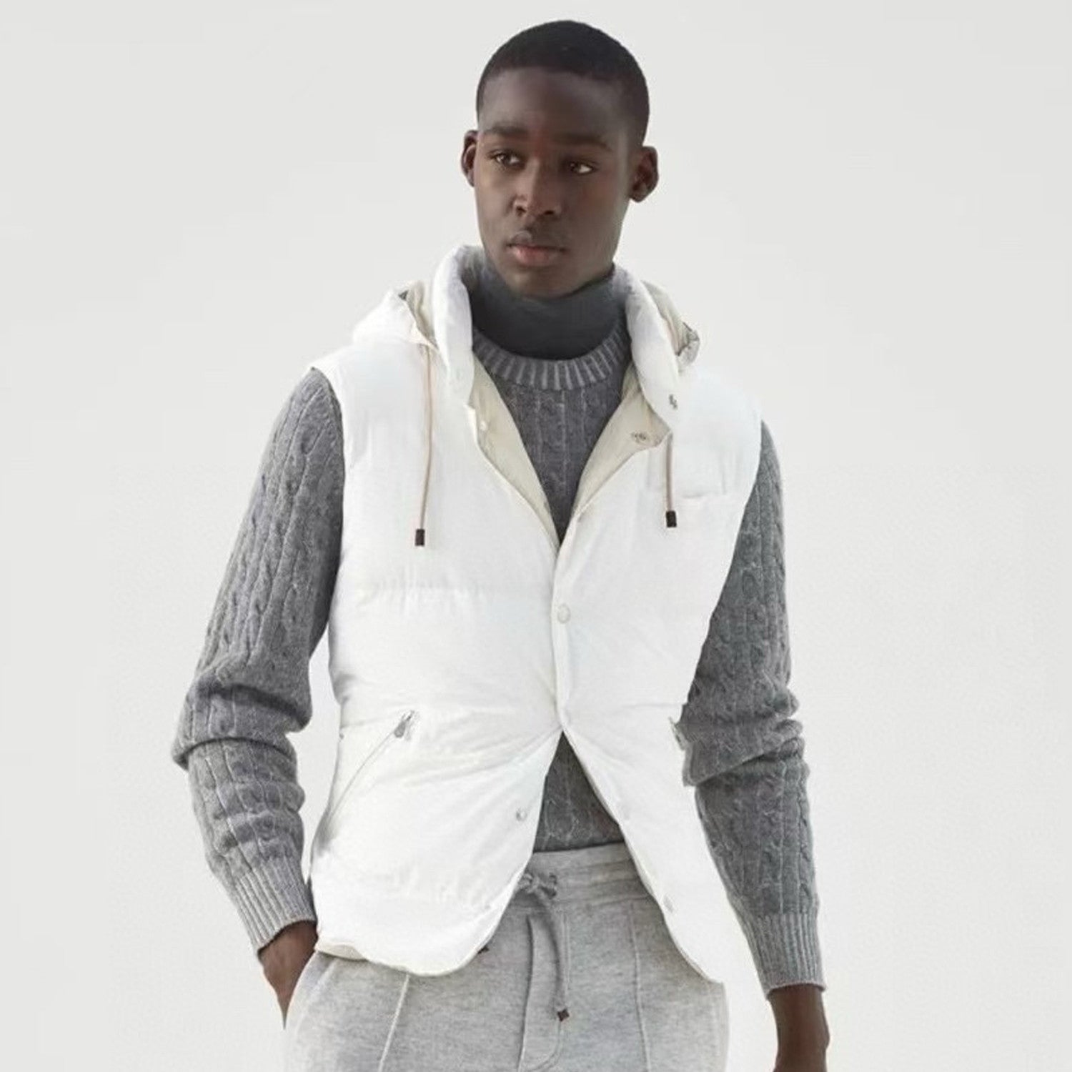 Brunello Cucinelli Men's Fall And Winter Single-Breasted Hooded Solid Color Fitted Down Vest Jacket #81185