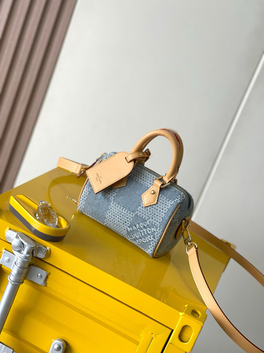 Louis Vuitton Speedy 18 Bandoulière Men's and Women's Checkerboard Printed Denim Patchwork Leather Single Shoulder Crossbody Tote Bag Bags #76848