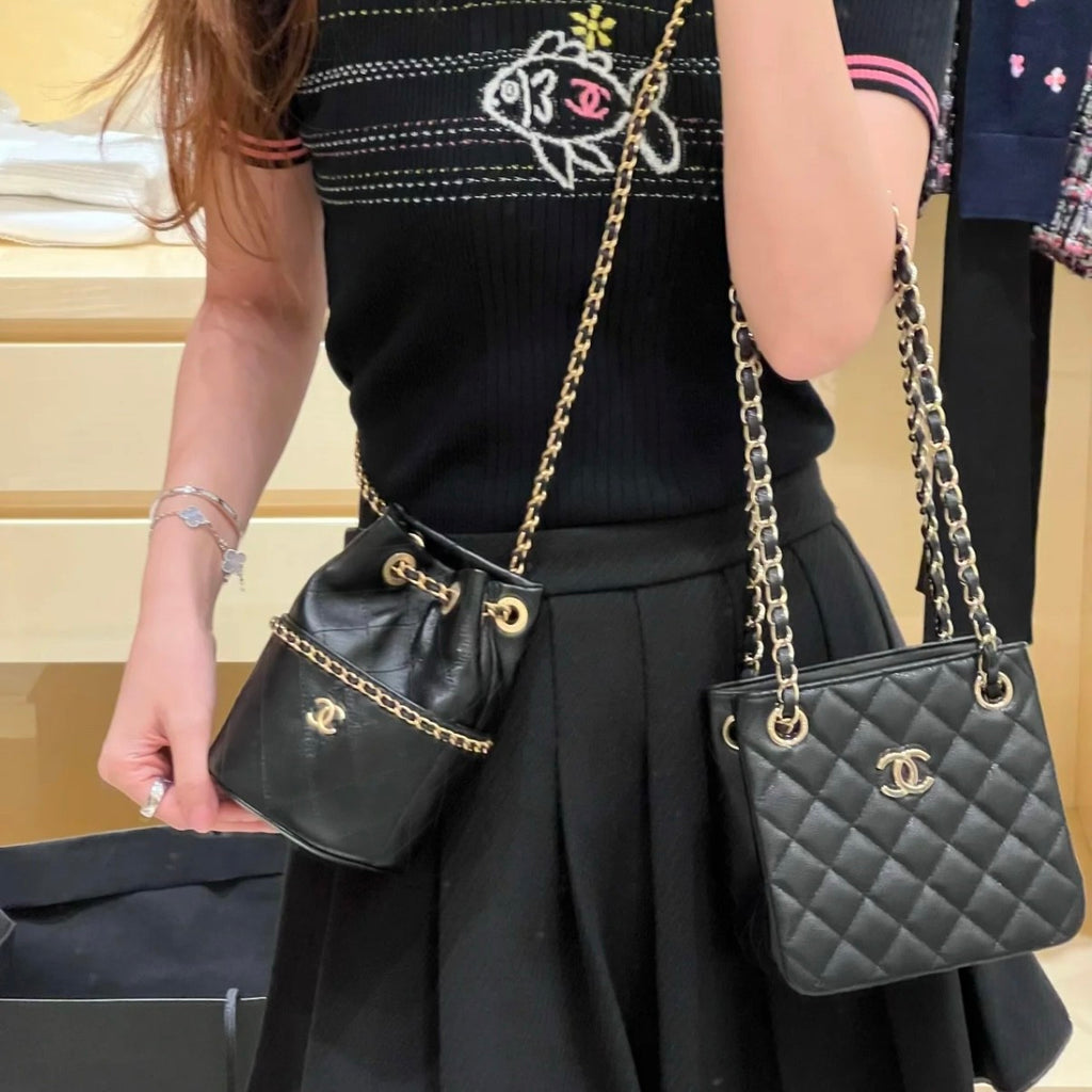 Chanel Mini Tote Diamond Double C Lychee Grain Cowhide Black Gold Double Chain Bucket Mini Tote Crossbody Bag Bags As3176 #76835