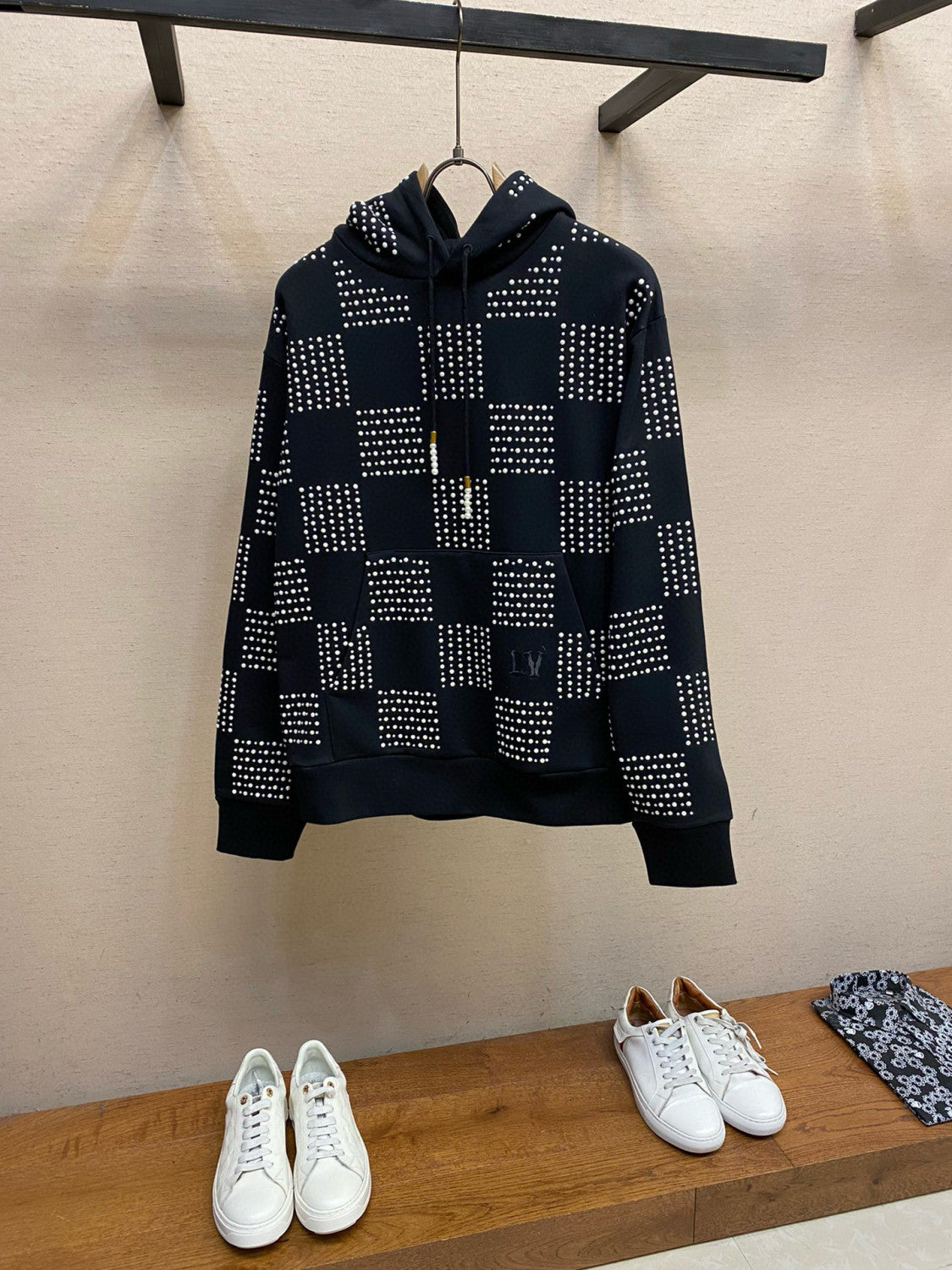 Louis Vuitton Men's Autumn/Winter Full Width Pearl Checkerboard Fleece Hooded Sweatshirt Pullover #97833