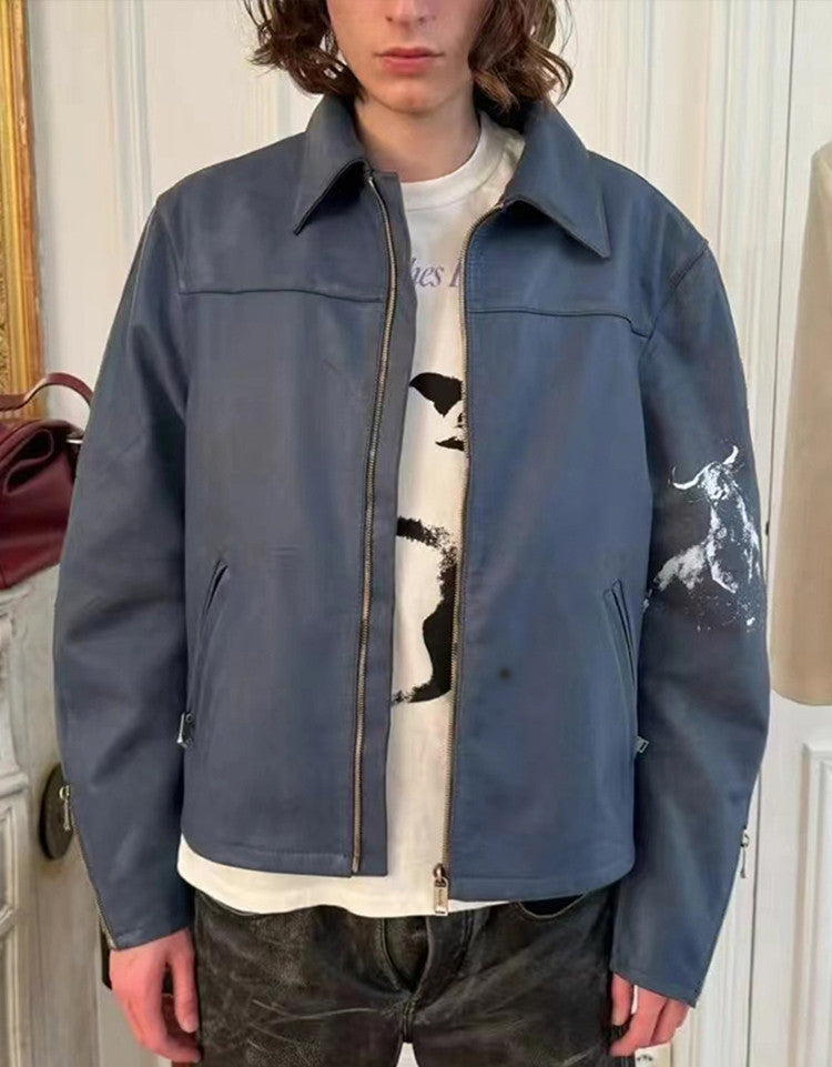 Enfants Riches Deprimes Men's Spring. Autumn And Winter Washed And Aged Crackle Pattern Printed Zipper Solid Color Long Sleeve Cowhide Jacket Ngvp #9337