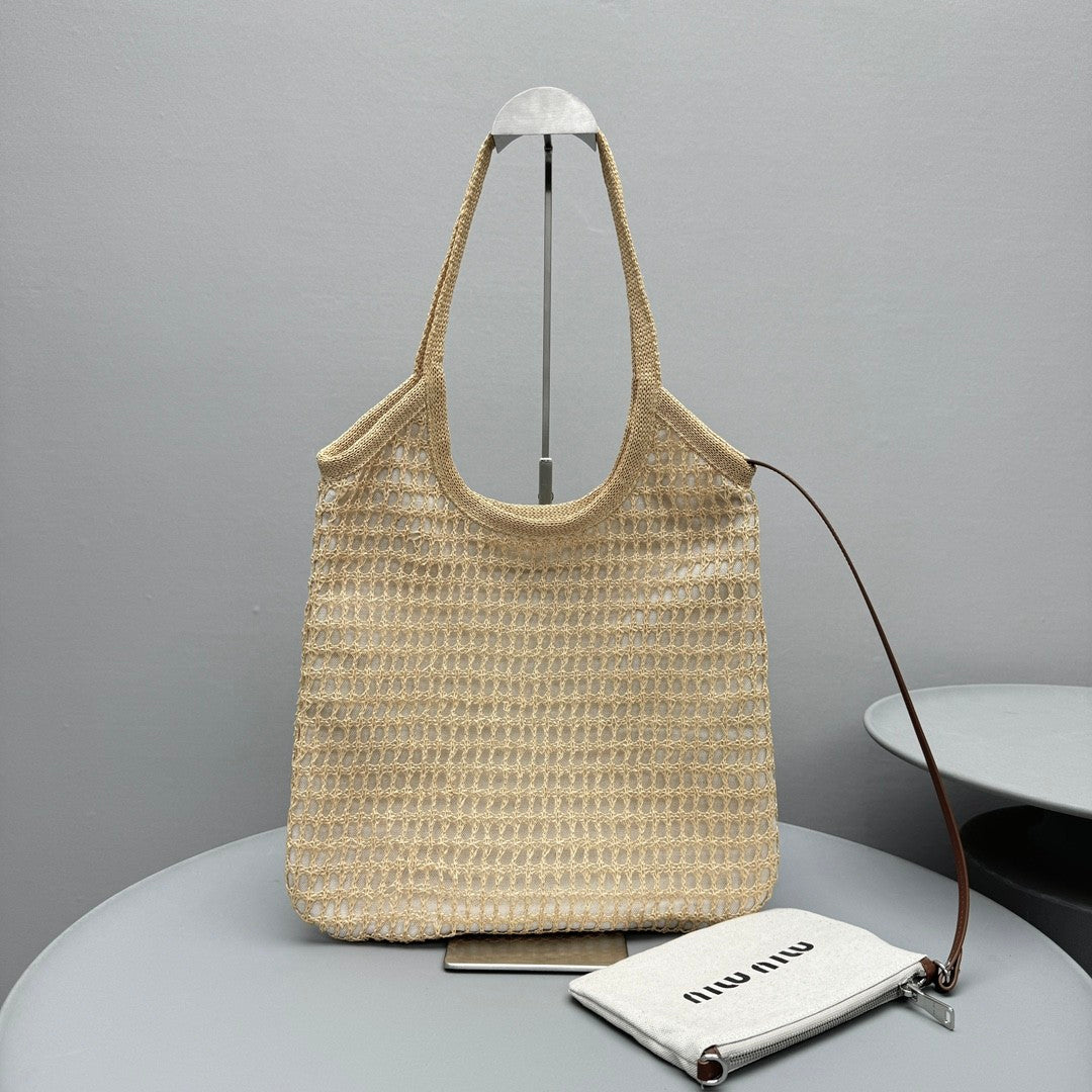 MiuMiu IVY Raffia Women's Solid Color Linen Woven Mesh Letter Print Shopping Bag Shoulder Bags #77355