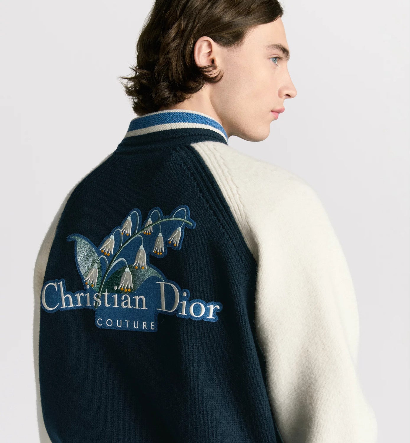 Dior Men's Spring/Fall Vintage College-Style Color-Block Wool Sweater with Floral Embroidery Plain-Knit Long-Sleeve Oversized Cardigan #81595
