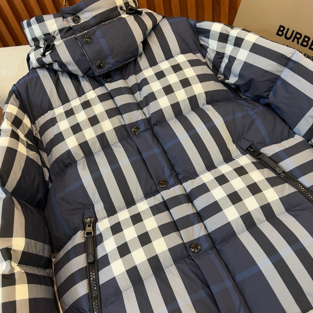 Burberry Men's Winter Fashion Casual High Tie Hood Windproof Single Breasted Detachable Hood Night Color Plaid Down Jacket #79373
