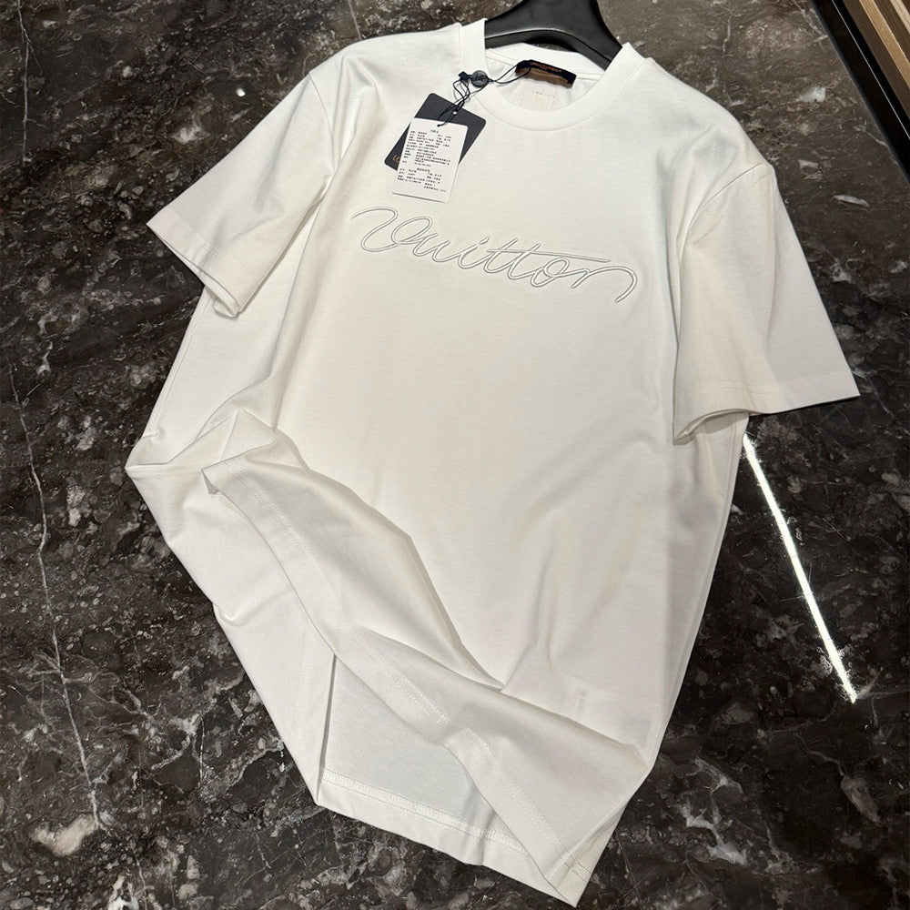 LOUIS VUITTON Women's and Men's Handwritten Logo T-shirt Simple Basic Style Embroidered letters ##332341
