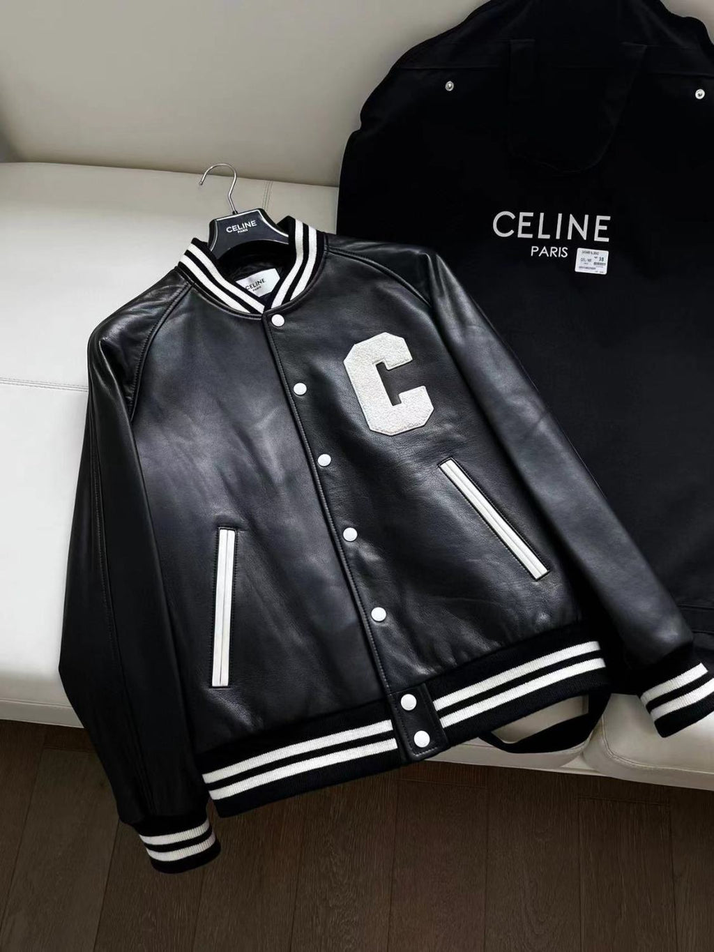 Celine Men's Fall And Winter Black And White Striped Monogrammed Labeled Single Breasted Leather Jacket #98457