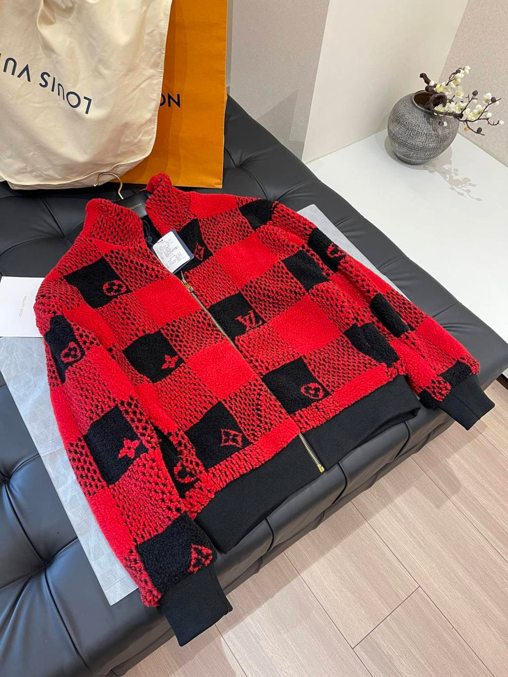 Louis Vuitton Men's Fall And Winter Red And Black Checkerboard Pattern Collar Zipper Long Sleeved Jacket #73682