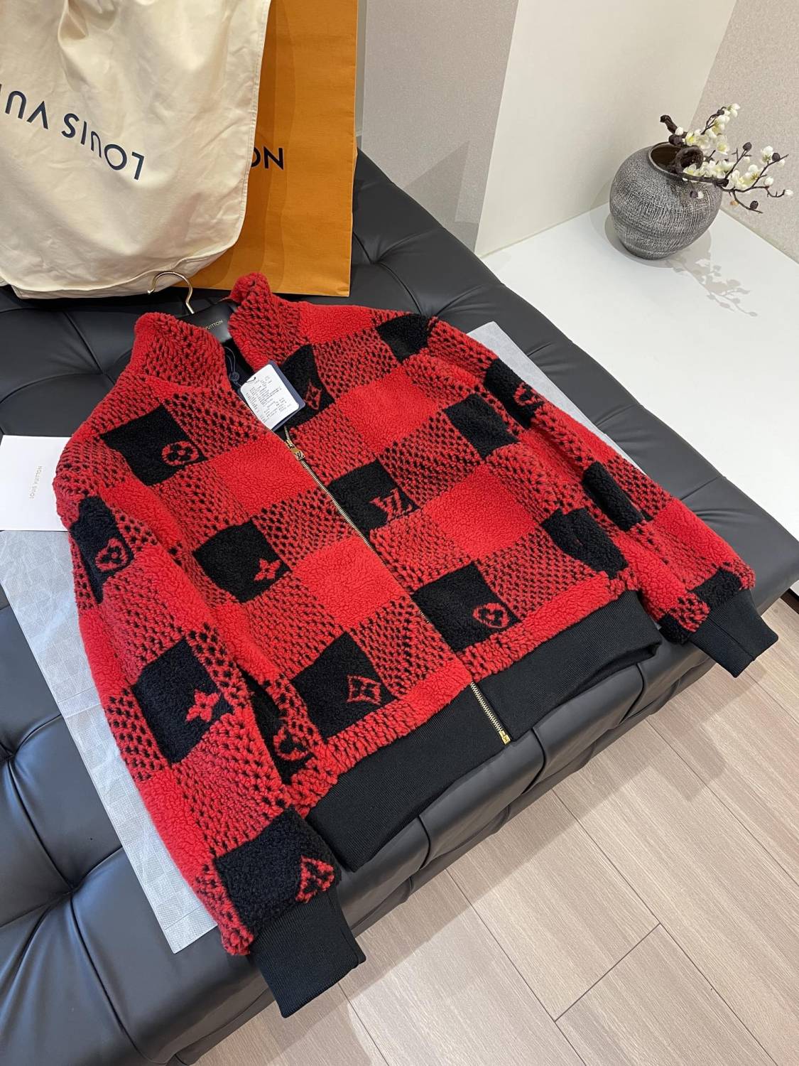 Louis Vuitton Men's Fall And Winter Red And Black Checkerboard Pattern Collar Zipper Long Sleeved Jacket #73682