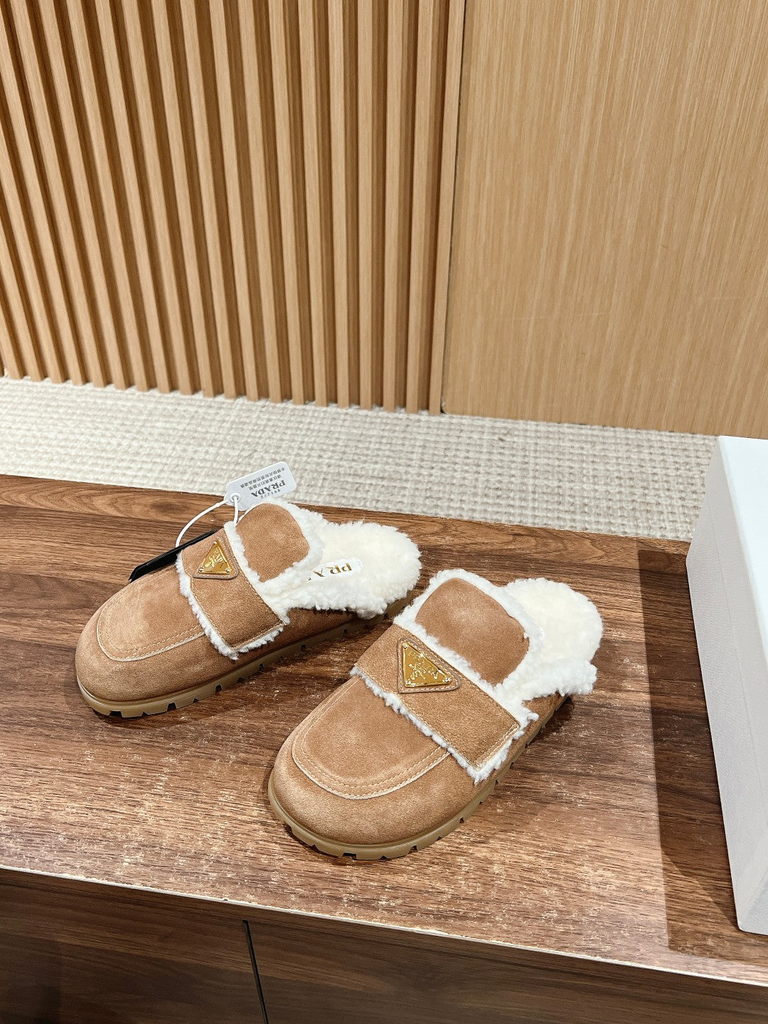 Prada Women's Fall/winter Casual Round Toe Slip On Fleece Lined Triangular Logo Birkenstock Style Slippers Shoes #79271