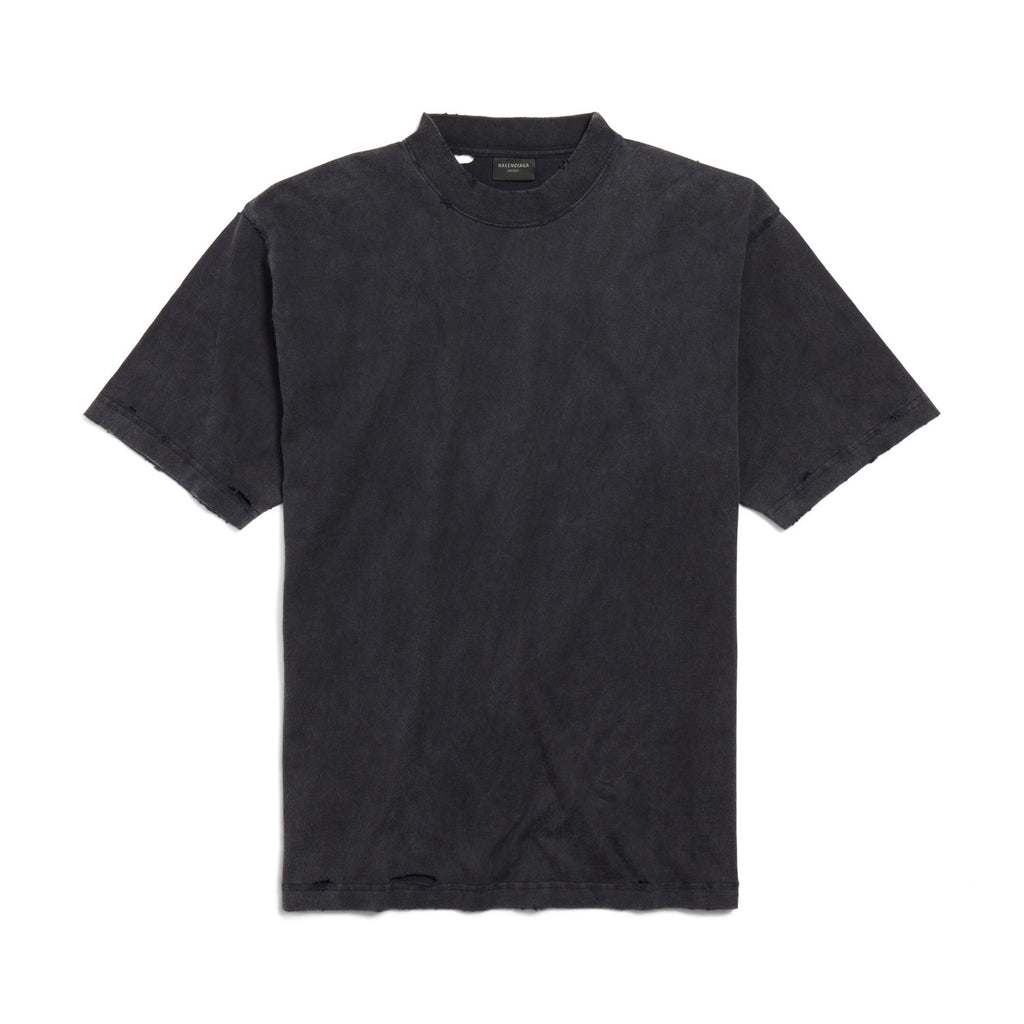 Balenciaga Women's Summer Painted Faded Washed Black Vintage Plain Knit Regular Fit Short Sleeve T-Shirt #74871