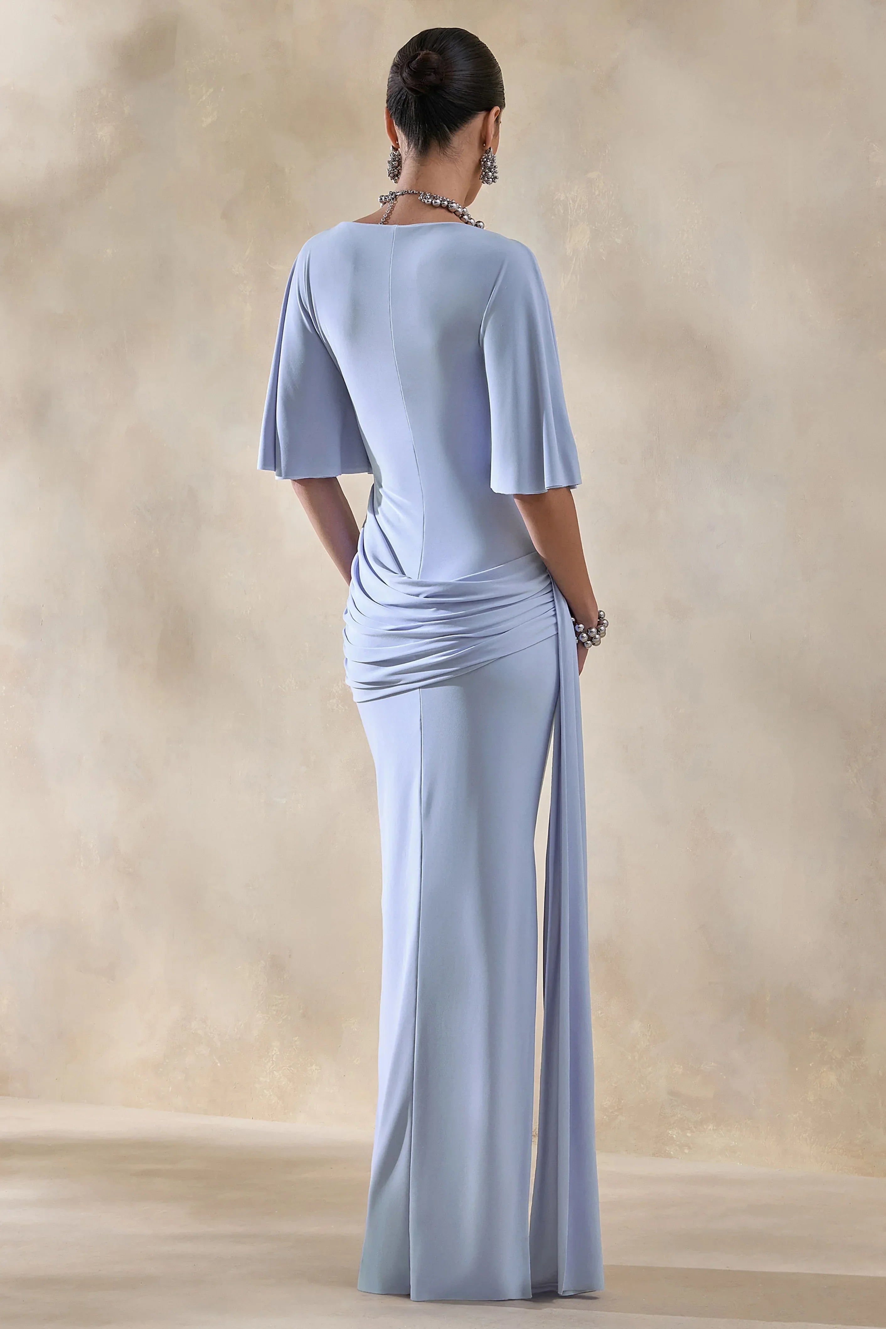 Emerelle | Powder Blue Wide-Neck Maxi Dress With Sash And Draped-Detailing