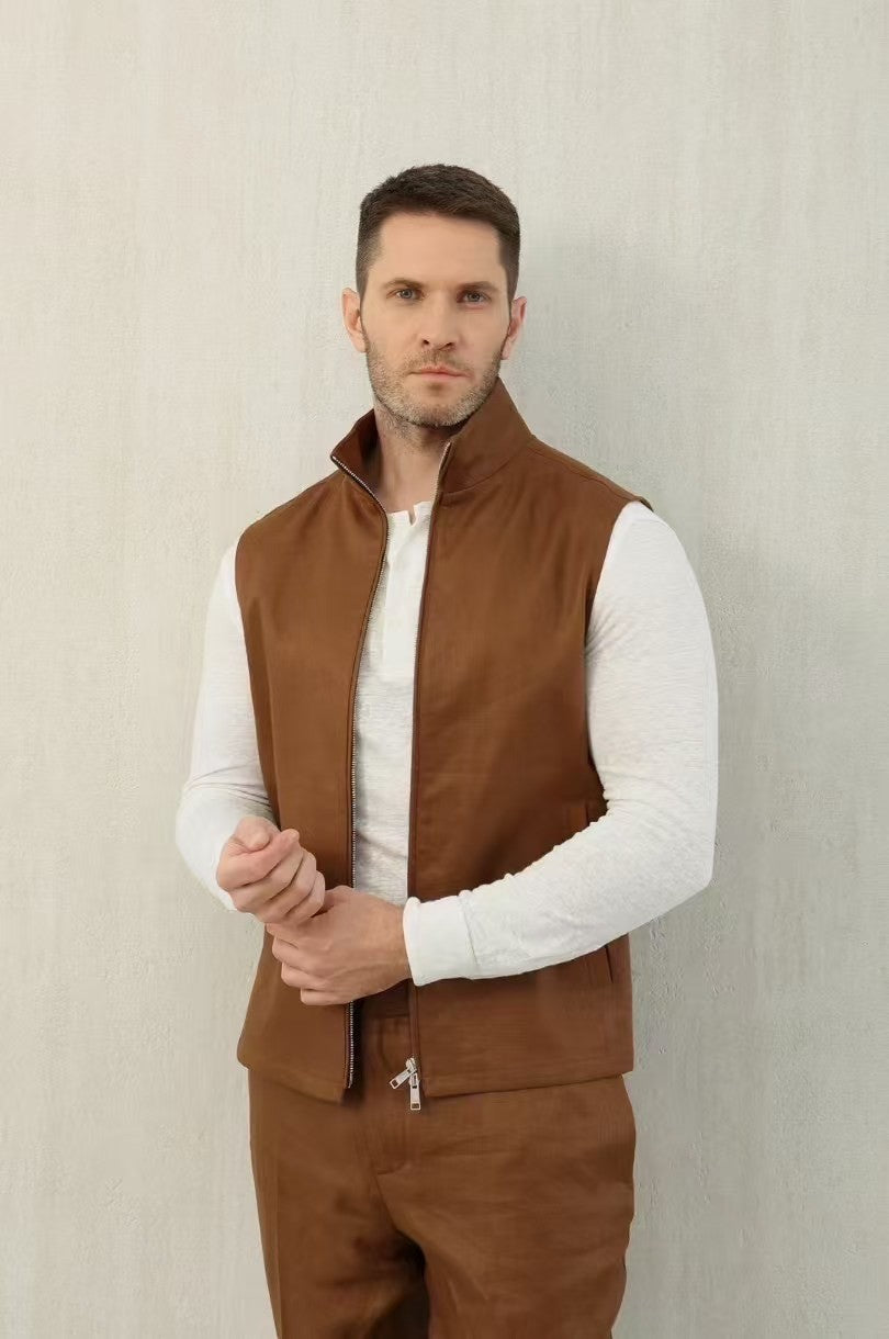 Ermenegildo Zegna Men's Spring And Autumn Solid Color Standing Collar Zipper Fit Sleeveless Vest Jacket Ngvp #1168