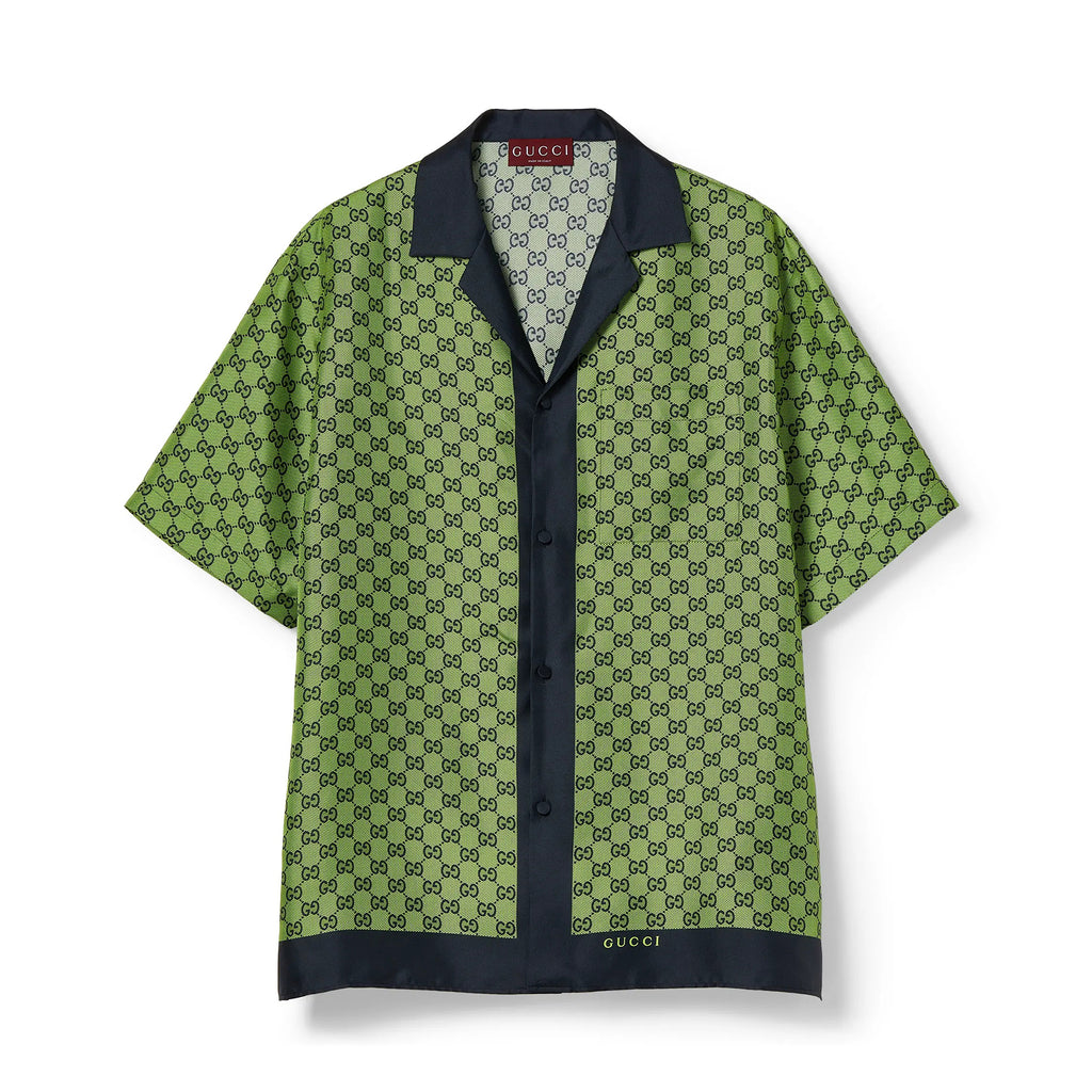 Gucci Men's Summer Logo Full Print Single Breasted Short Sleeve Shirt Stretch Waist Casual Shorts Set Suit #75939