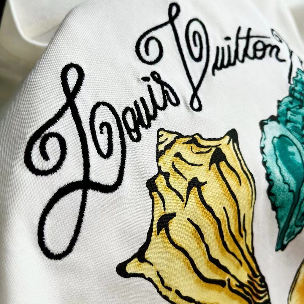 Louis Vuitton Men's Women's Summer Letter Shell Printed Cotton Short Sleeve Casual Fit White T-Shirt #71351