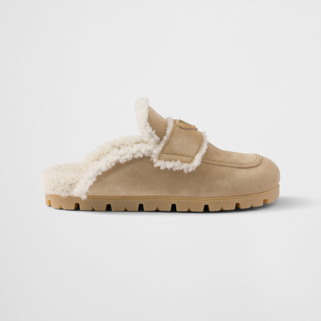 Prada Women's Fall/winter Casual Round Toe Slip On Fleece Lined Triangular Logo Birkenstock Style Slippers Shoes #79271