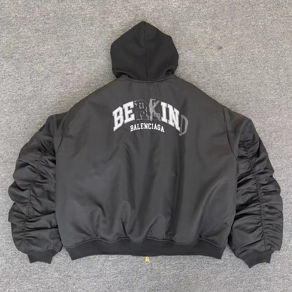 Balenciaga Men's Winter Black Nylon Embroidered Logo Hooded Pilot Zipper Long Sleeve Jacket #98145