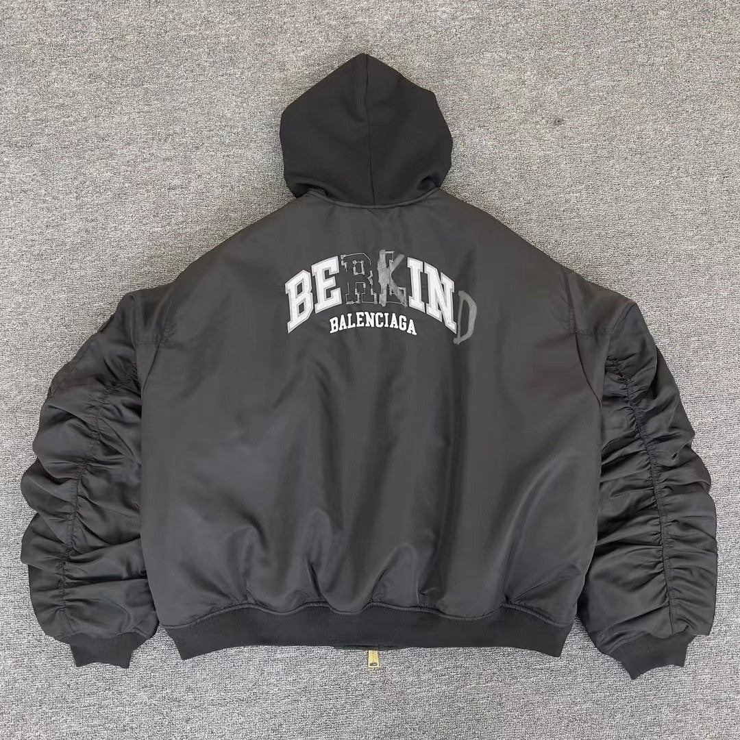 Balenciaga Men's Winter Black Nylon Embroidered Logo Hooded Pilot Zipper Long Sleeve Jacket #98145