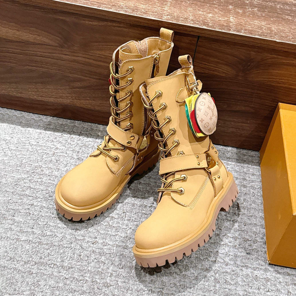 Louis Vuitton x Timberland Men's & Women's Casual Solid-Color Glossy/Matte Leather Mid-Calf Biker Boots With Laces & Zipper. Fall/Winter Flat Boots With Hamburger Bag Detail Shoes Ngvp #2536
