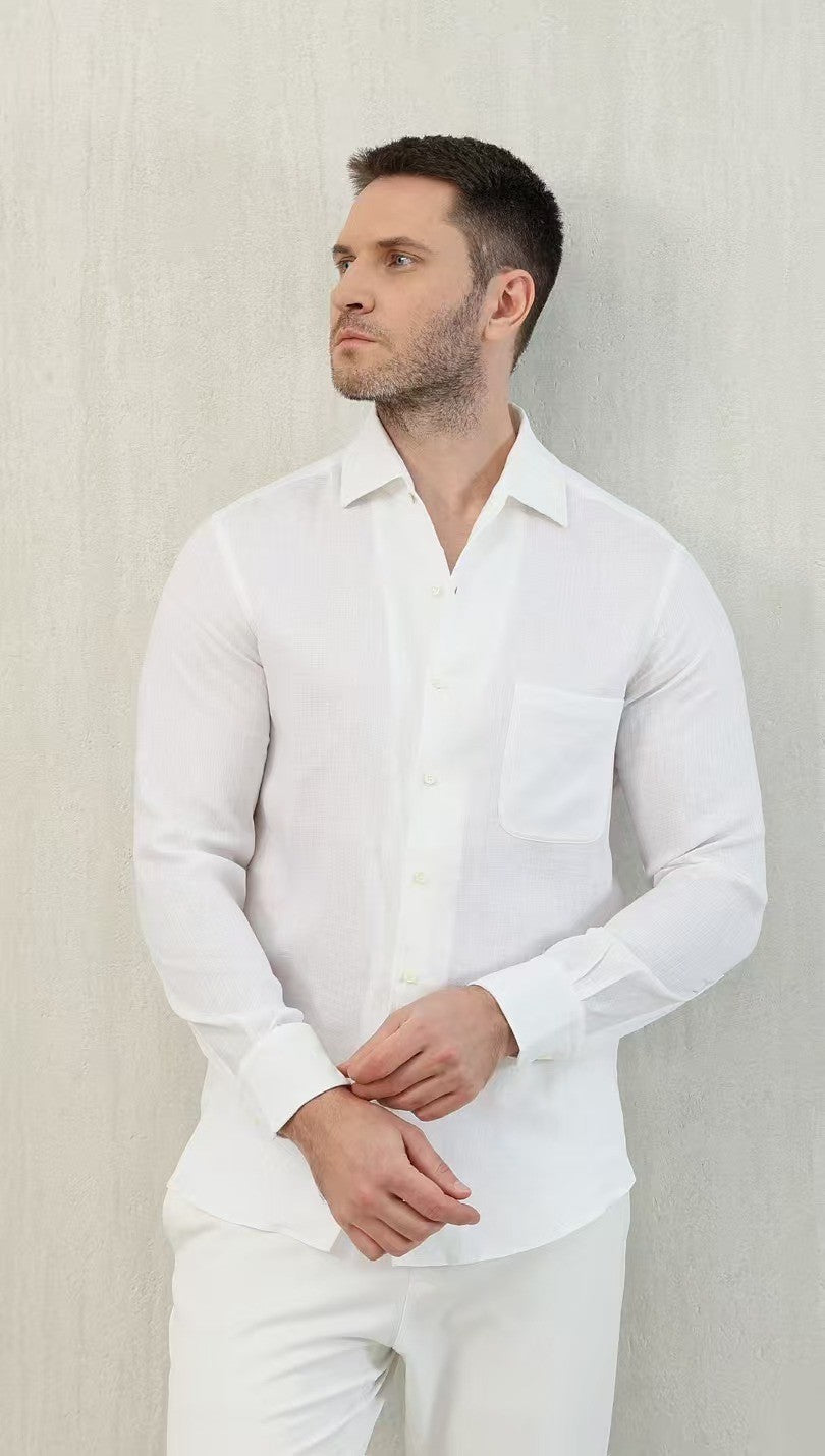 Loro Piana Men's Spring And Summer Solid Color André Shirt Lapel Single-breasted Linen Shirt Ngvp #7962
