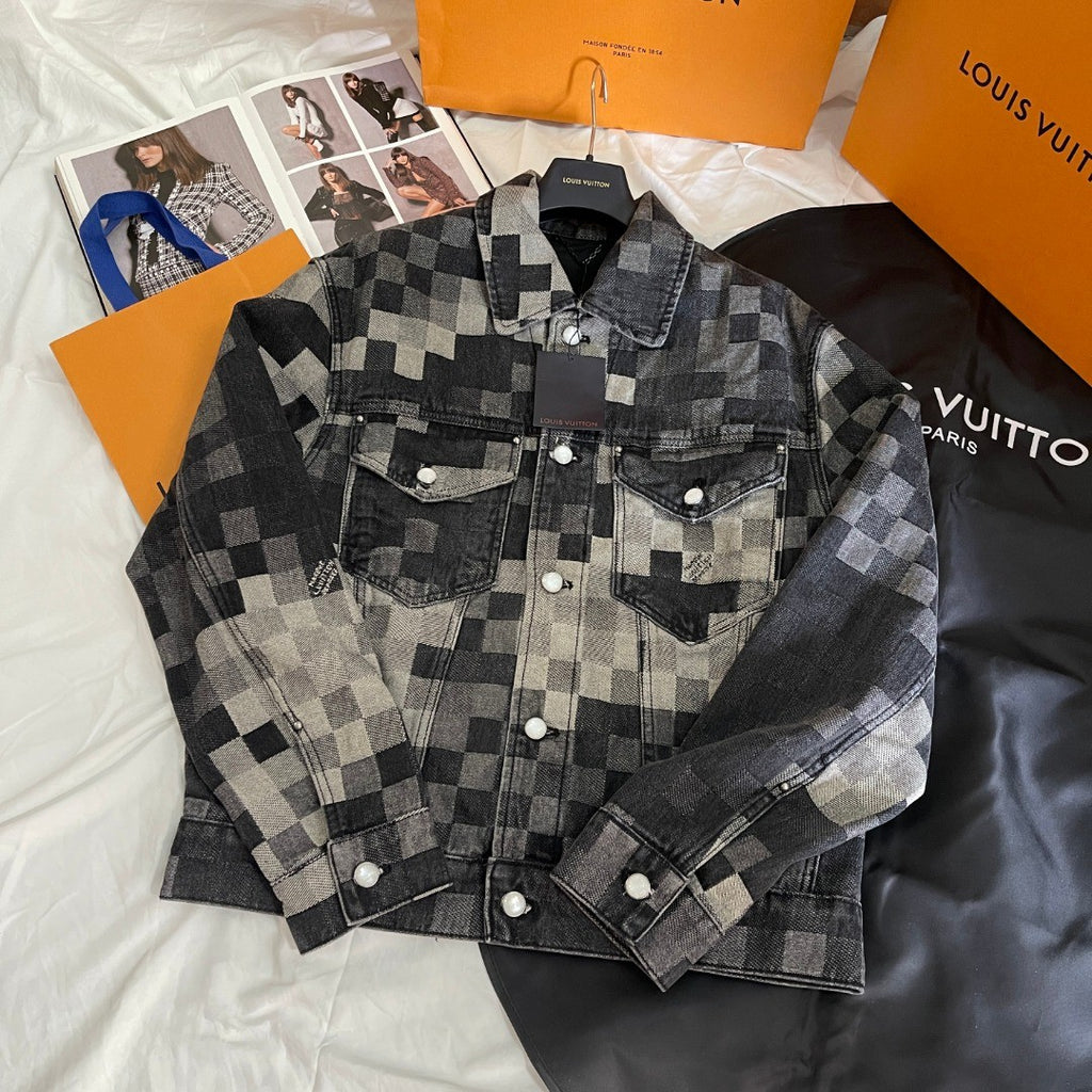 Louis Vuitton Men's Fall And Winter Black And White Plaid Old Print Single Breasted Long Sleeved Denim Jacket Straight Jeans Pants Suit Set #75477