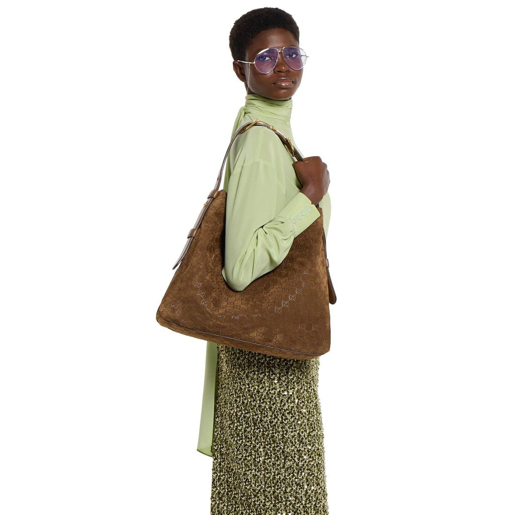 Gucci Beatrix Large Tote Bag Brown Gg Suede Material Gold Horseneck Buckle Shoulder Backpack Exquisite And Elegant Women's Bags #193451
