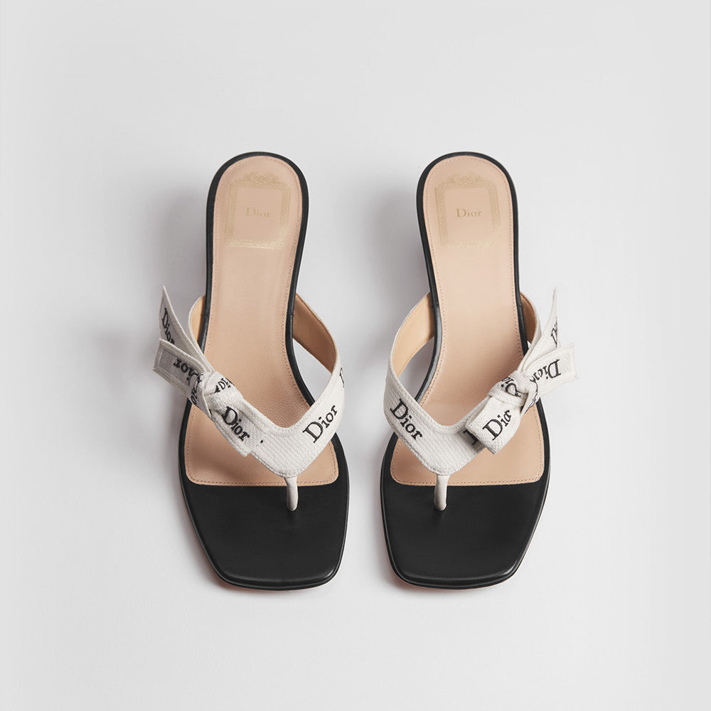 DIOR J Adior Heeled Thong Sandal White Embroidered Cotton and Black Lambskin #385829