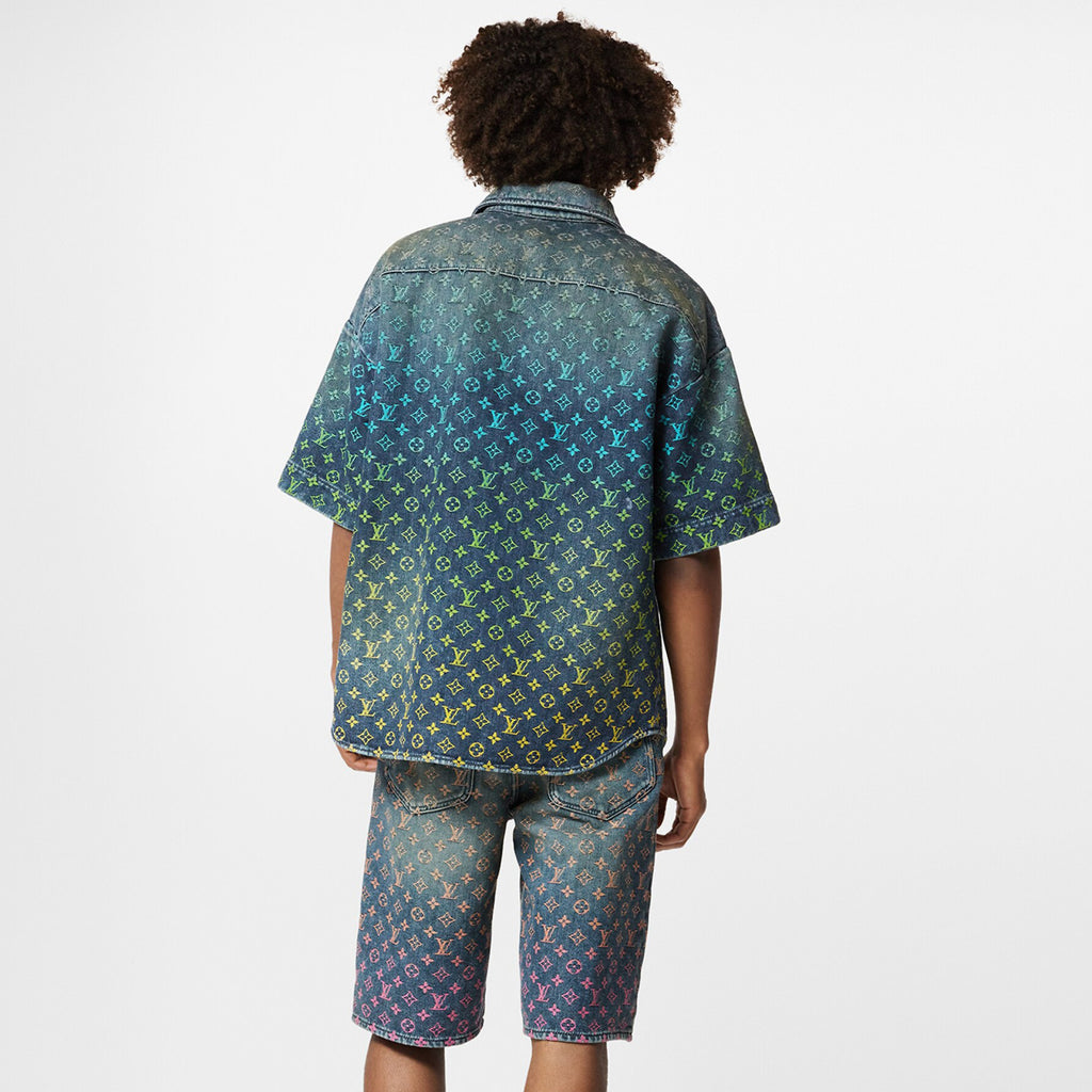 Louis Vuitton Rainbow Monogram Embroidered Short Sleeve Denim Shirt Straight Shorts Fashion Casual Suit Set #71411