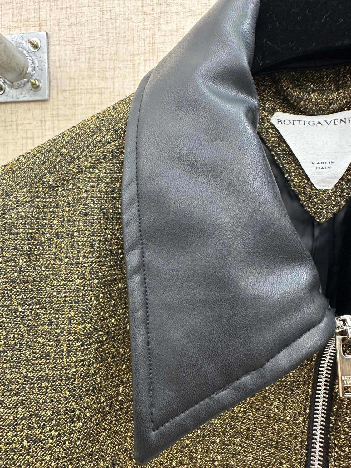 Bottega Veneta SG Men's Cotton Fringe Short Jacket Linen Beige Black Gold Silk Zipper Leather Lapel Long Sleeve Jacket #332619