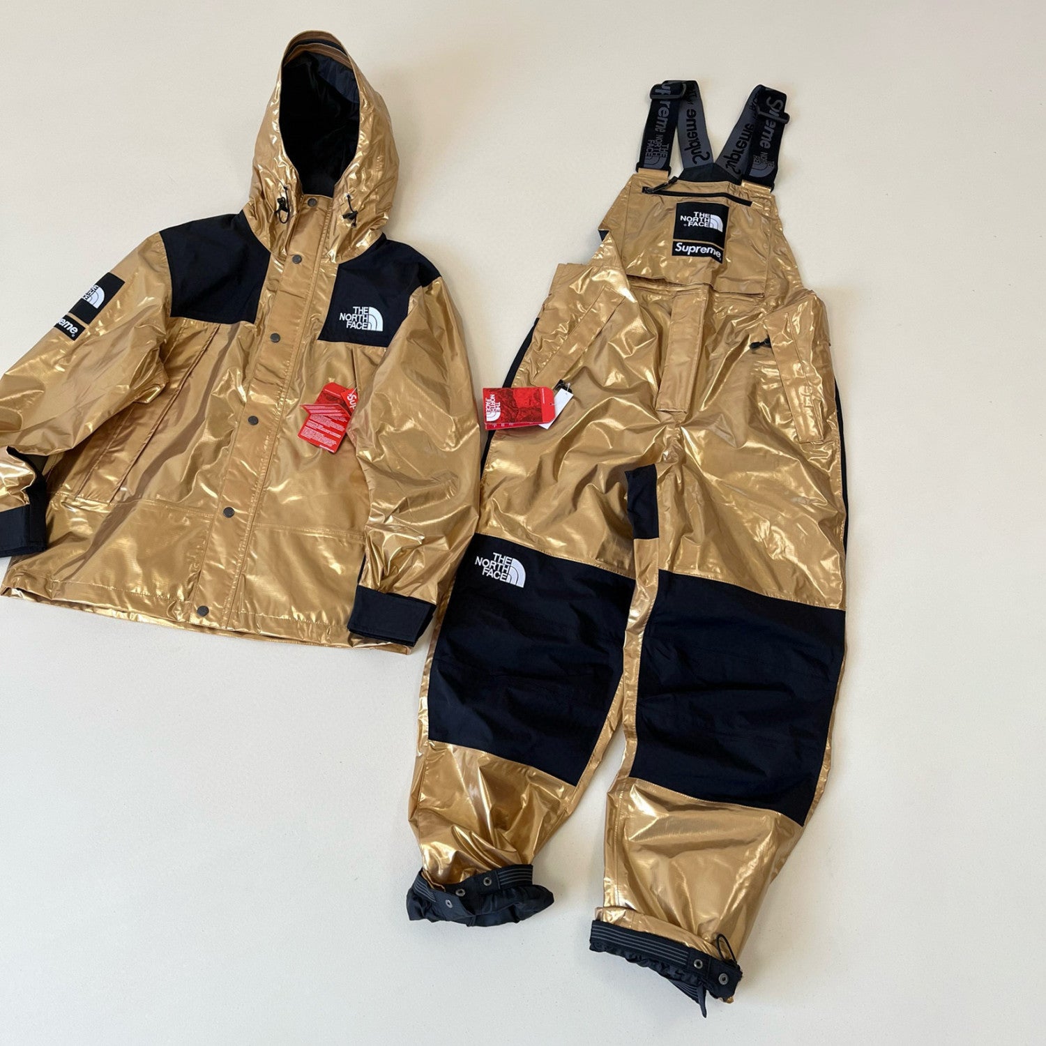 Supreme X The North Face Men's Winter Nylon Metallic Single Breasted Zip Hooded Jacket Bib Pants Overall Set Suit #97741