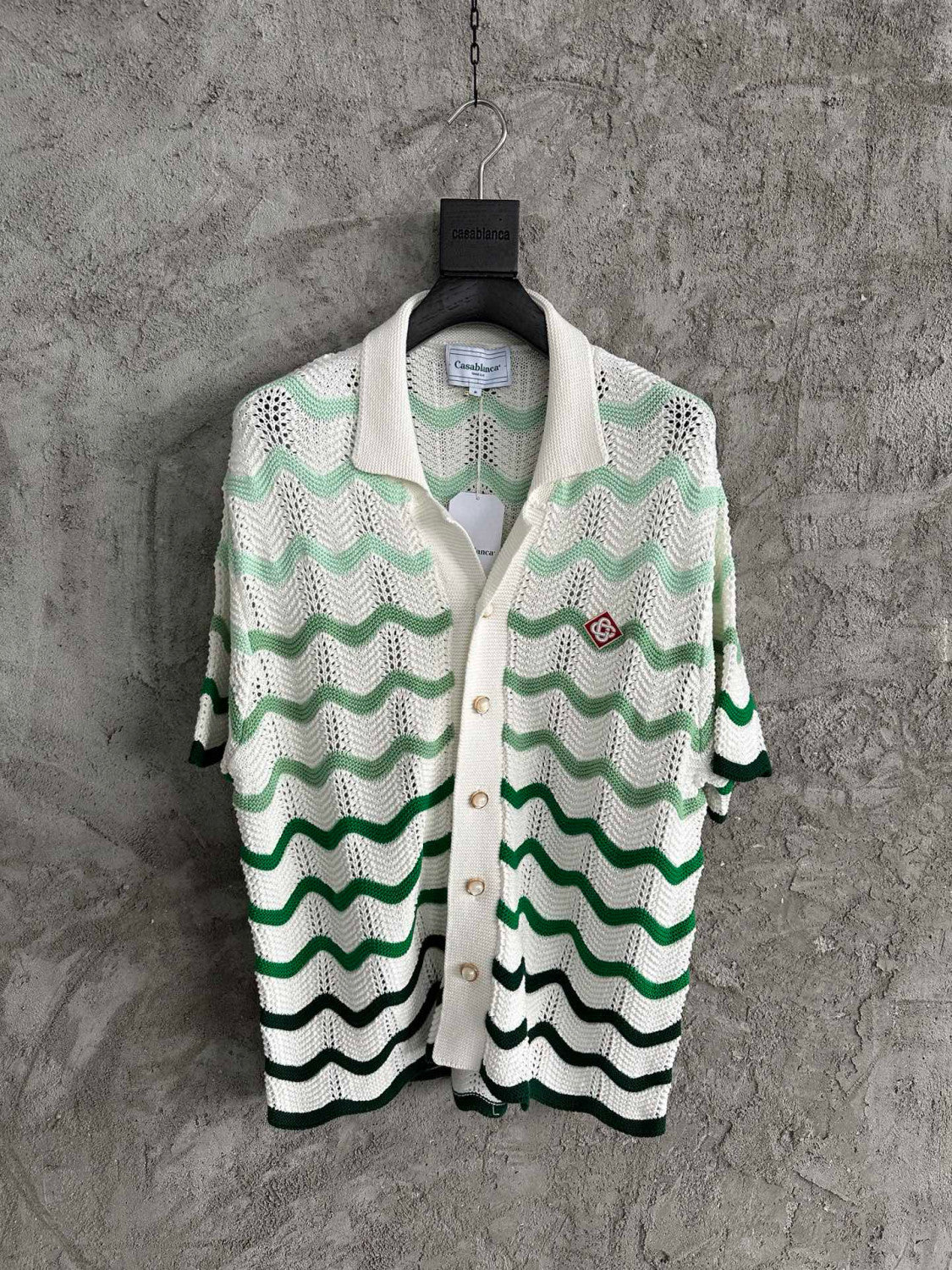 Casablanca Men's Summer Wave Stripe Single Breasted Knit Short Sleeve Shirt Cotton Shorts Pants Suit Set #98831