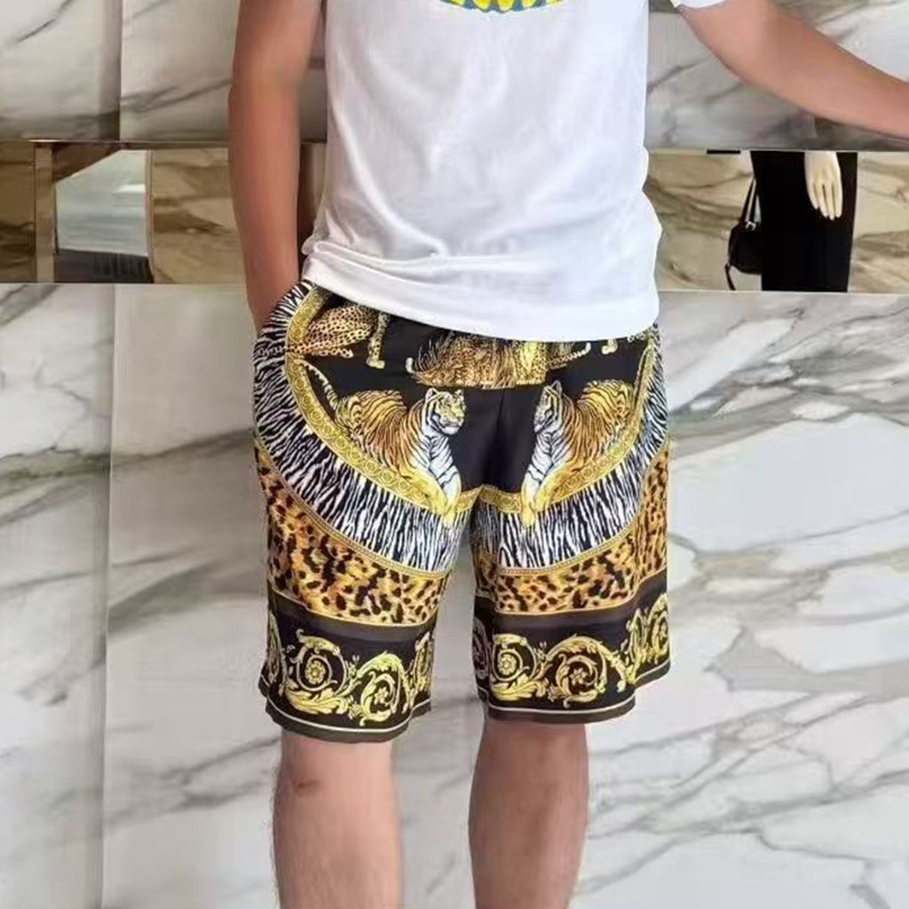 Versace Wild Cats Silk Lapel Shirt Shorts Set Men's Luxury Temperament Casual Single-breasted Shirt Elastic Waist Shorts Suit Set Ngvp #2444