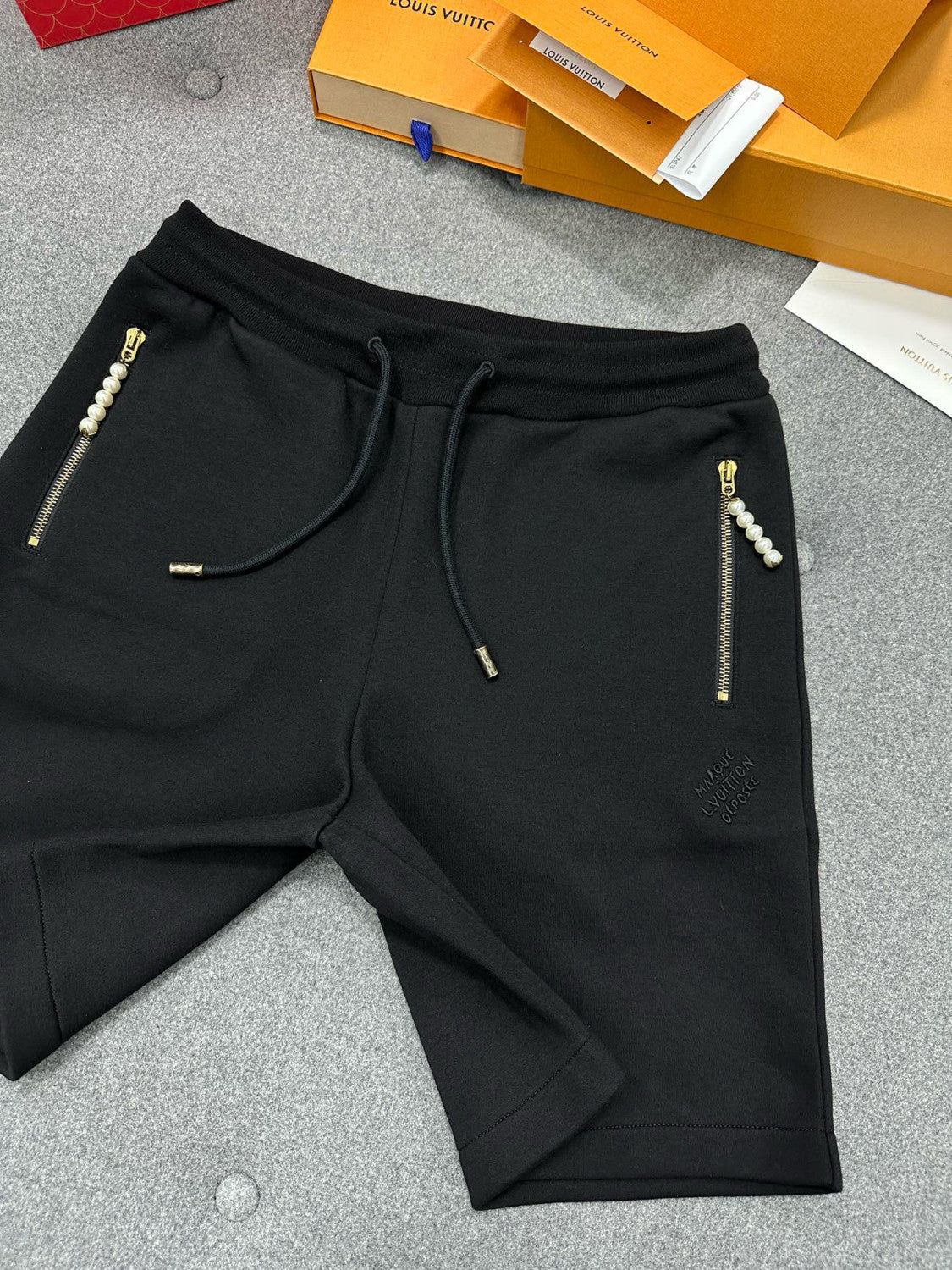 Louis Vuitton Men's Summer Black Embroidered Knit Fabric Casual Lace-Up Shorts Pants #98794